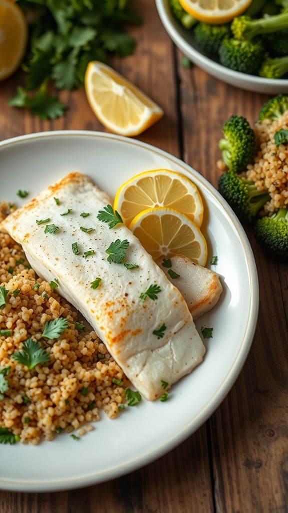 Baked tilapia fillets with parsley and lemon, served with broccoli and quinoa on a wooden table.